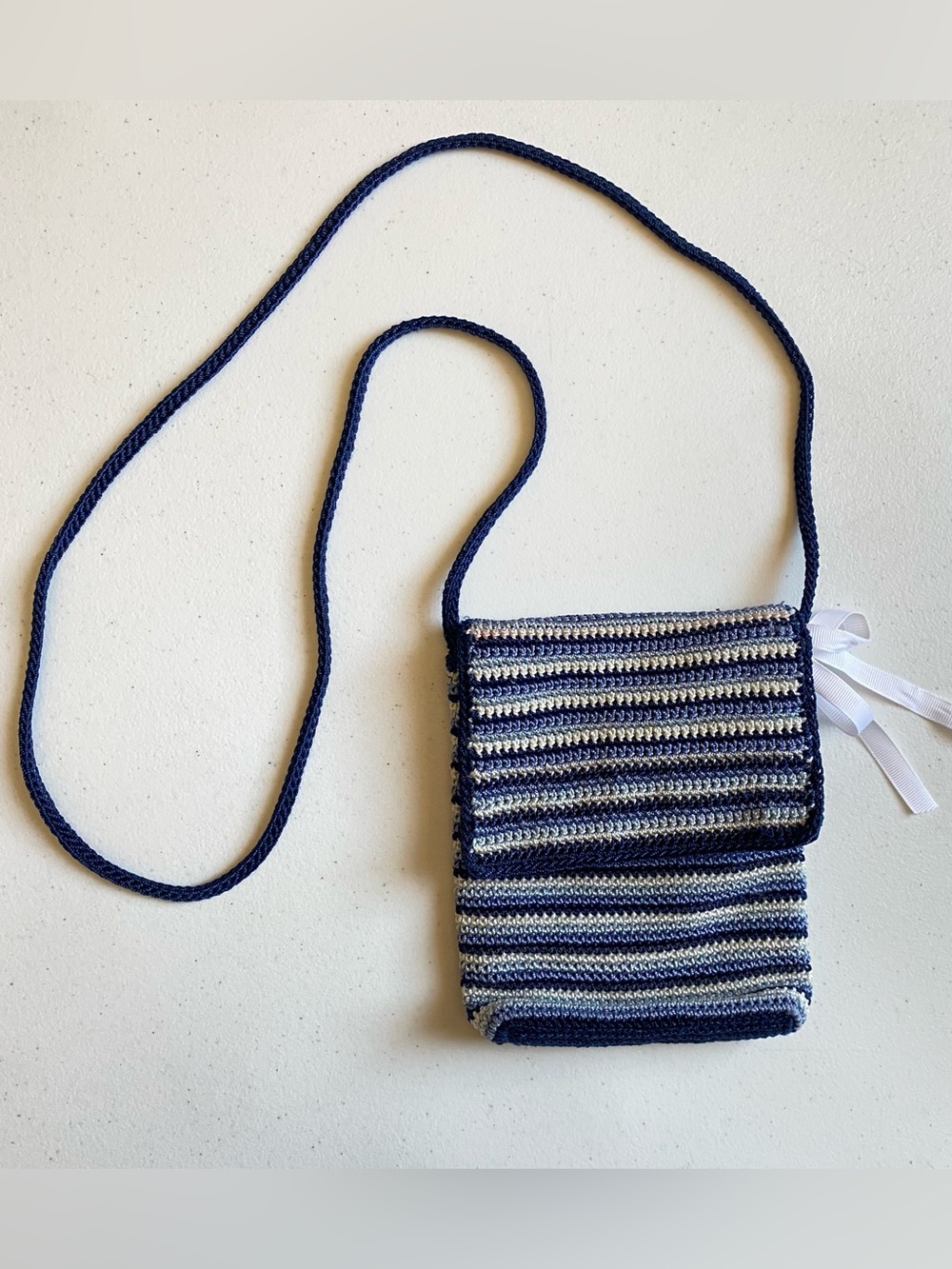 The Sak Navy Blue & White Striped Ribbed Crochet Knit Crossbody Square Mini Bag